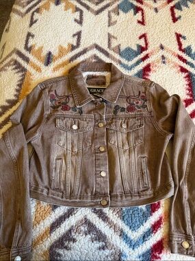 GRACE Taupe Brown Floral Embroidered Denim Jacket